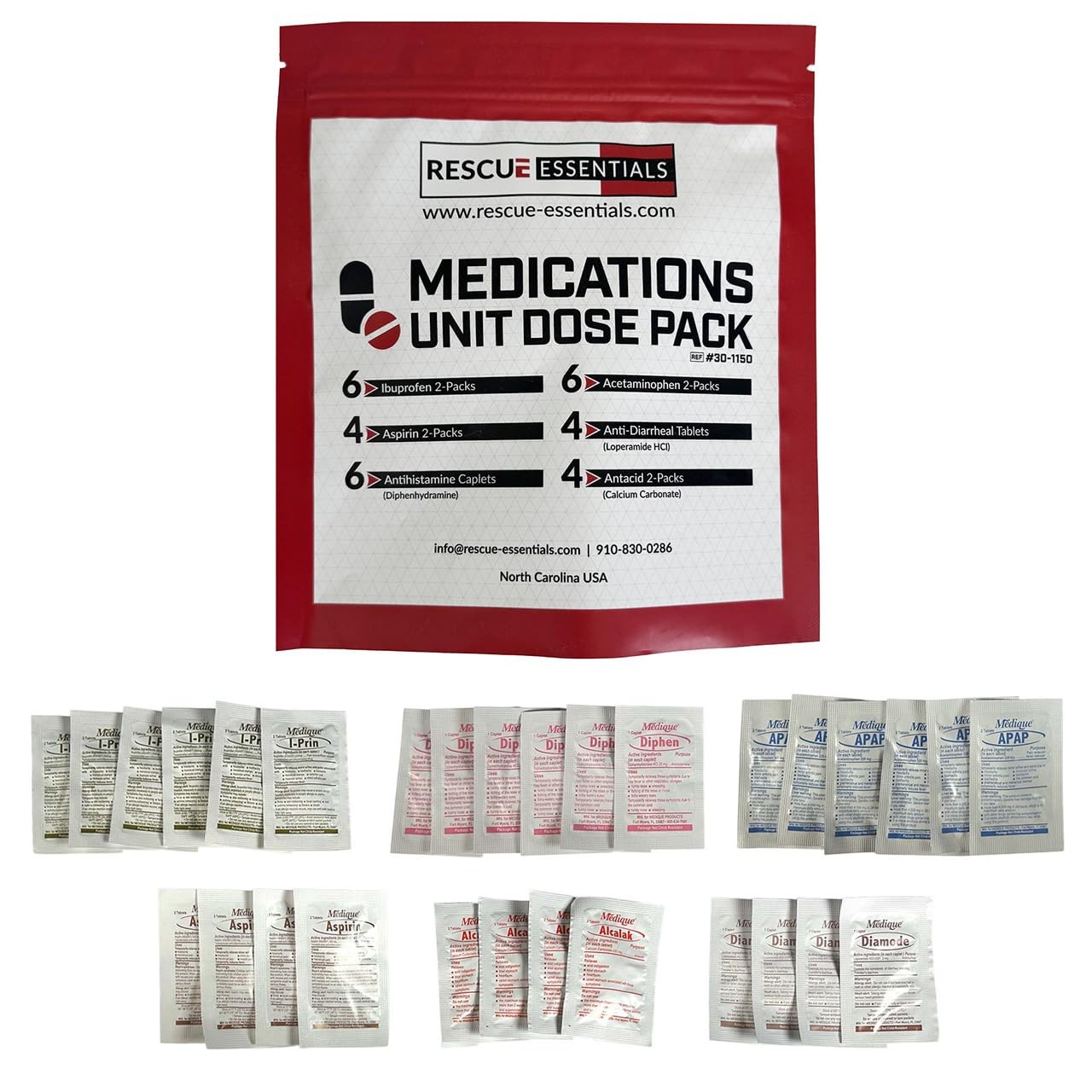 Rescue Essentials Medications Dose Pack–First Aid Refill Kit with Ibuprofen, Ace