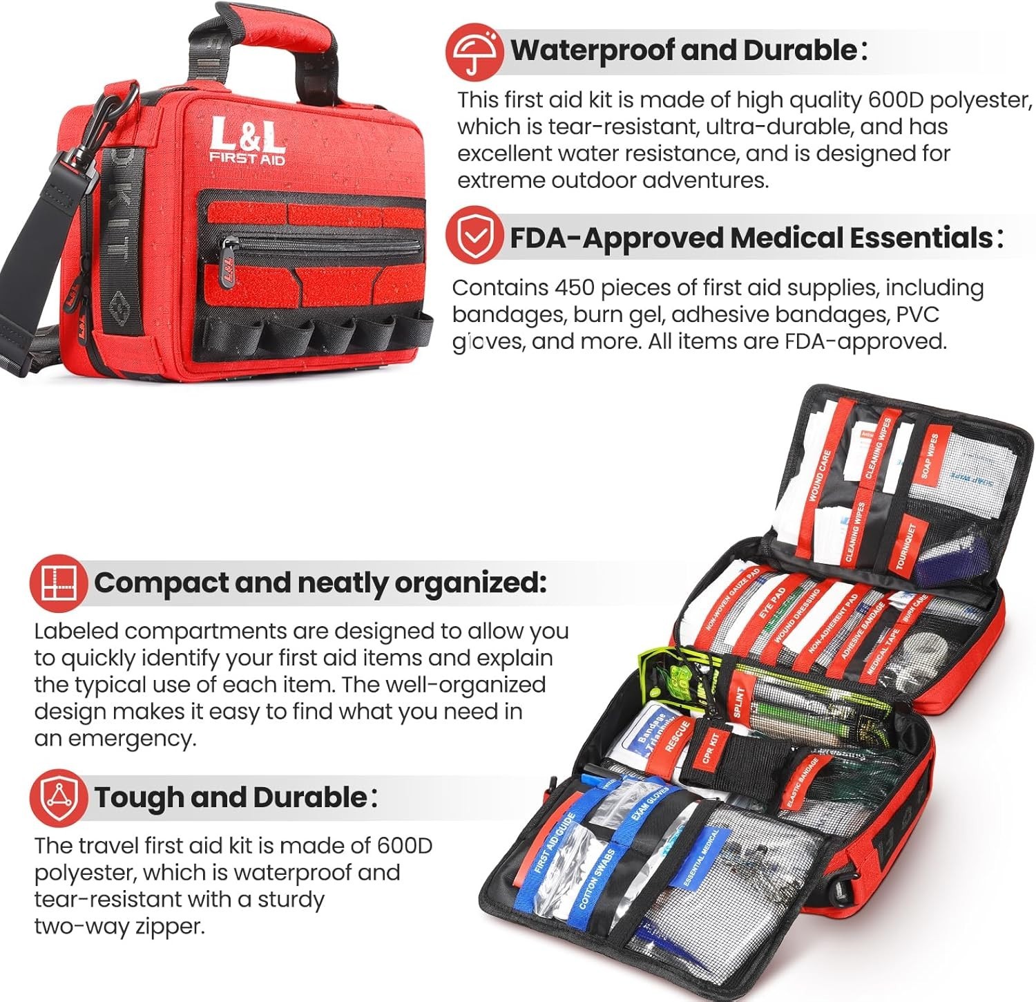 450 Piece First Aid Kit Survival Emergency Medical Kit Car Home Travel Red
