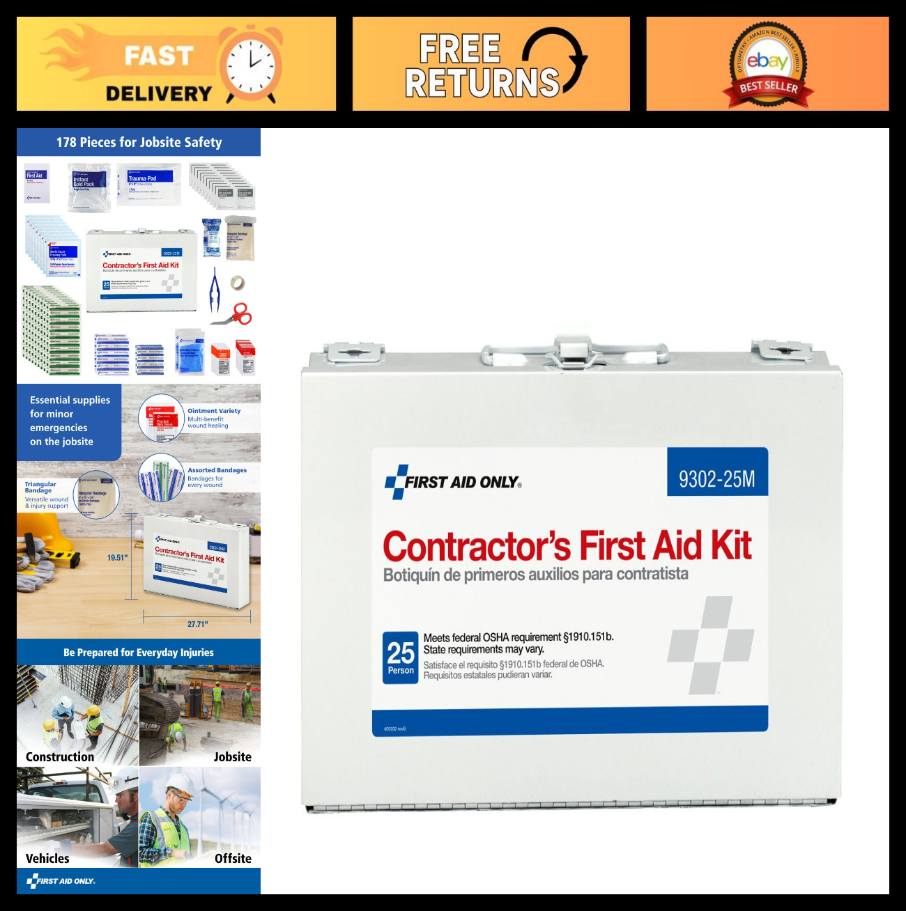 25-Person First Aid Kit for Home Renovation & Job Sites, 178 Pieces, Compact & P