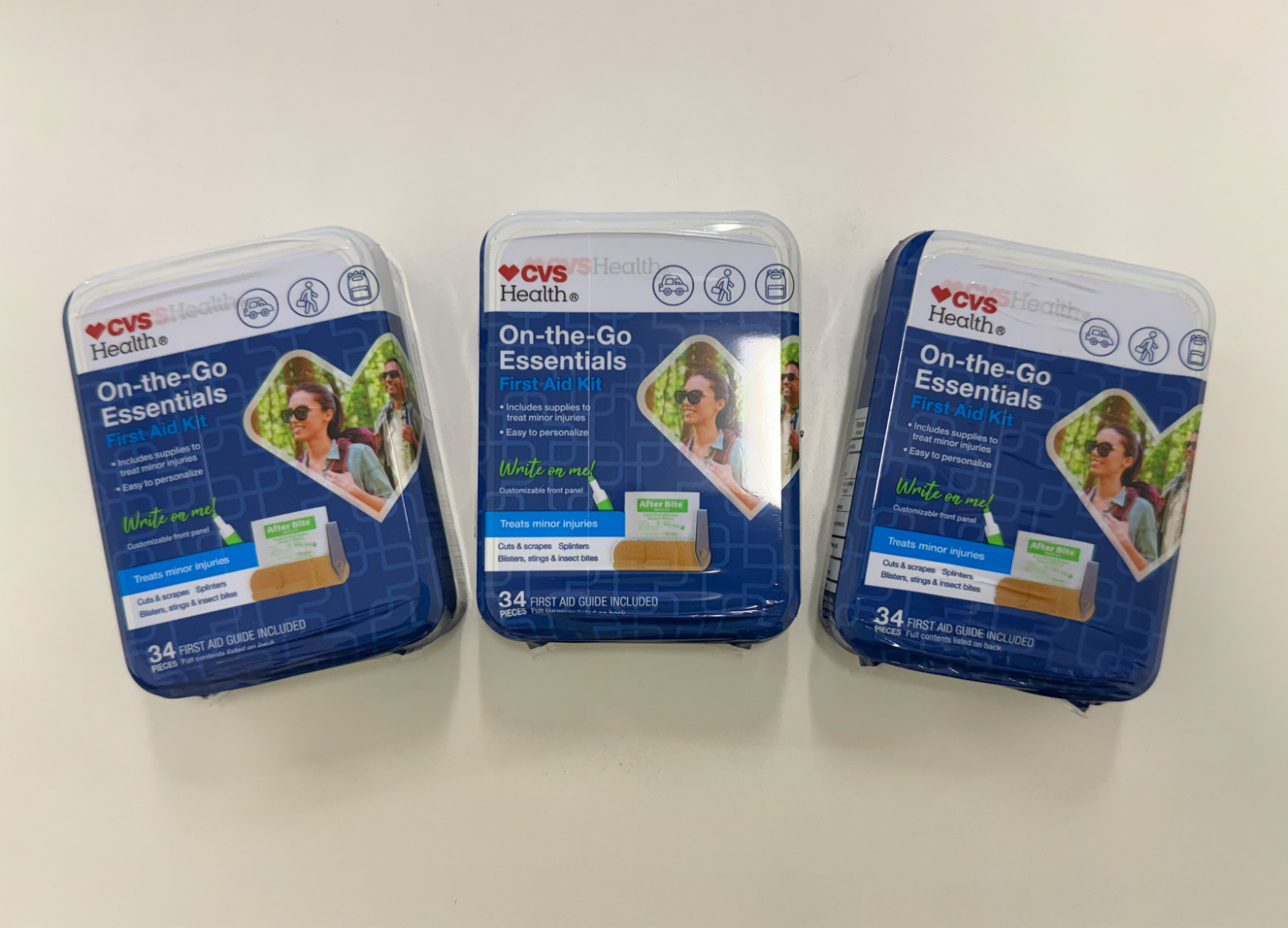 3 PACK CVS ON THE GO FIRST AID KIT 34 PIECE KIT +FIRST AID GUIDE Metal Case NEW