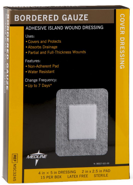 Medline Sterile Bordered Gauze Adhesive Island Wound Dressing 4" x 5" Box of 15