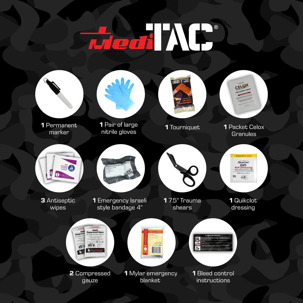 MediTac Bleeding Control Pack Stocked First Aid Kit QuikClot Celox with IFAK BAG