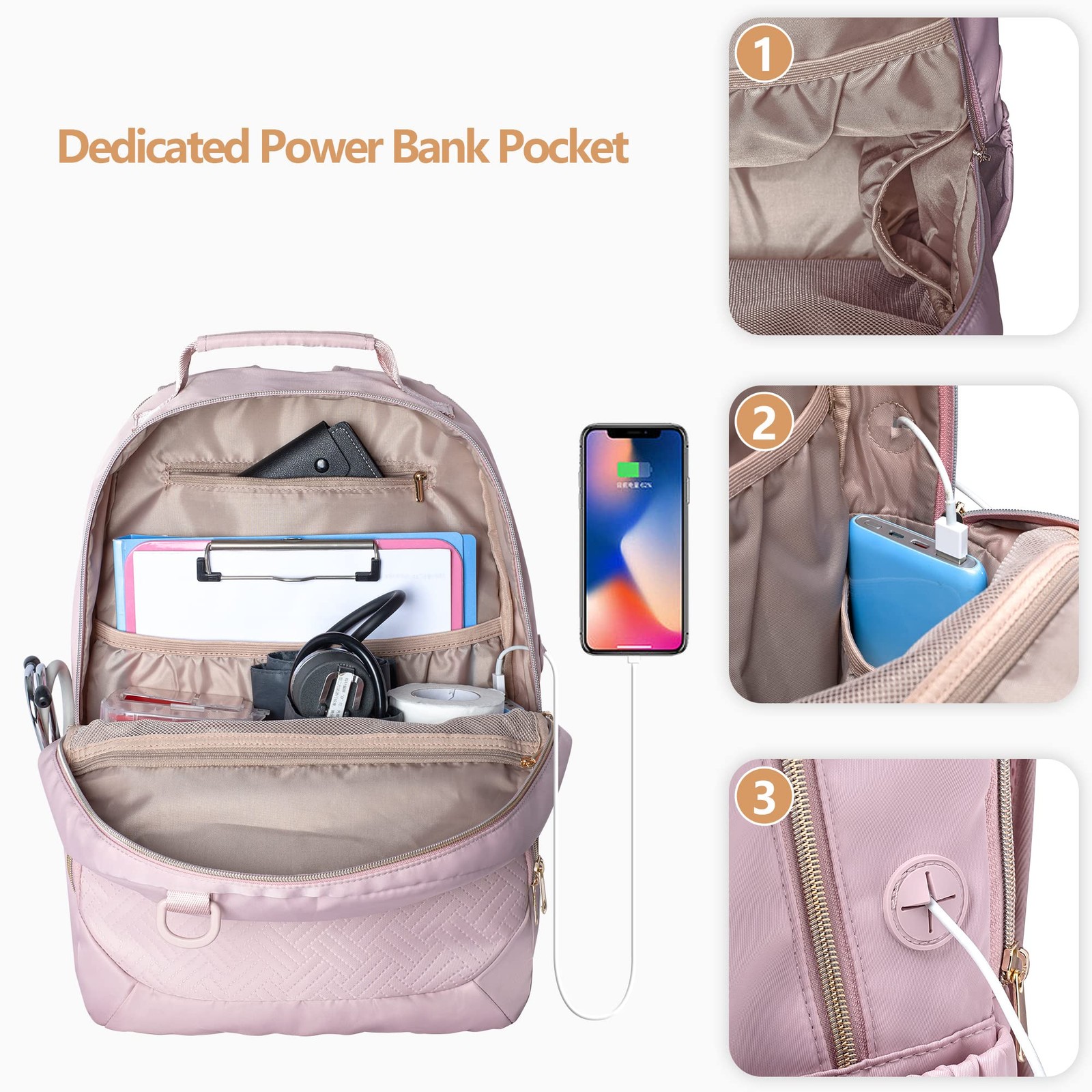 Fasrom Nurse Bag Backpack for Work Women with USB Charging Hole, Medium, Pink