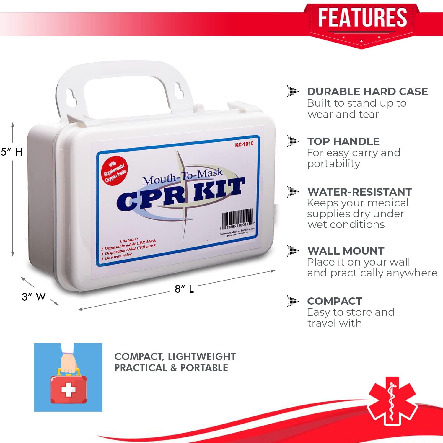 First Aid CPR Kit for Adult, and Infant, 8.3”x5”x”3.1”, Detachable Single Val…