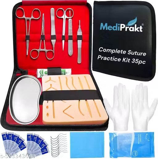 Complete SUTURE PRACTICE KIT | 35 Pc | with 14 cut Suture Pad, Instr