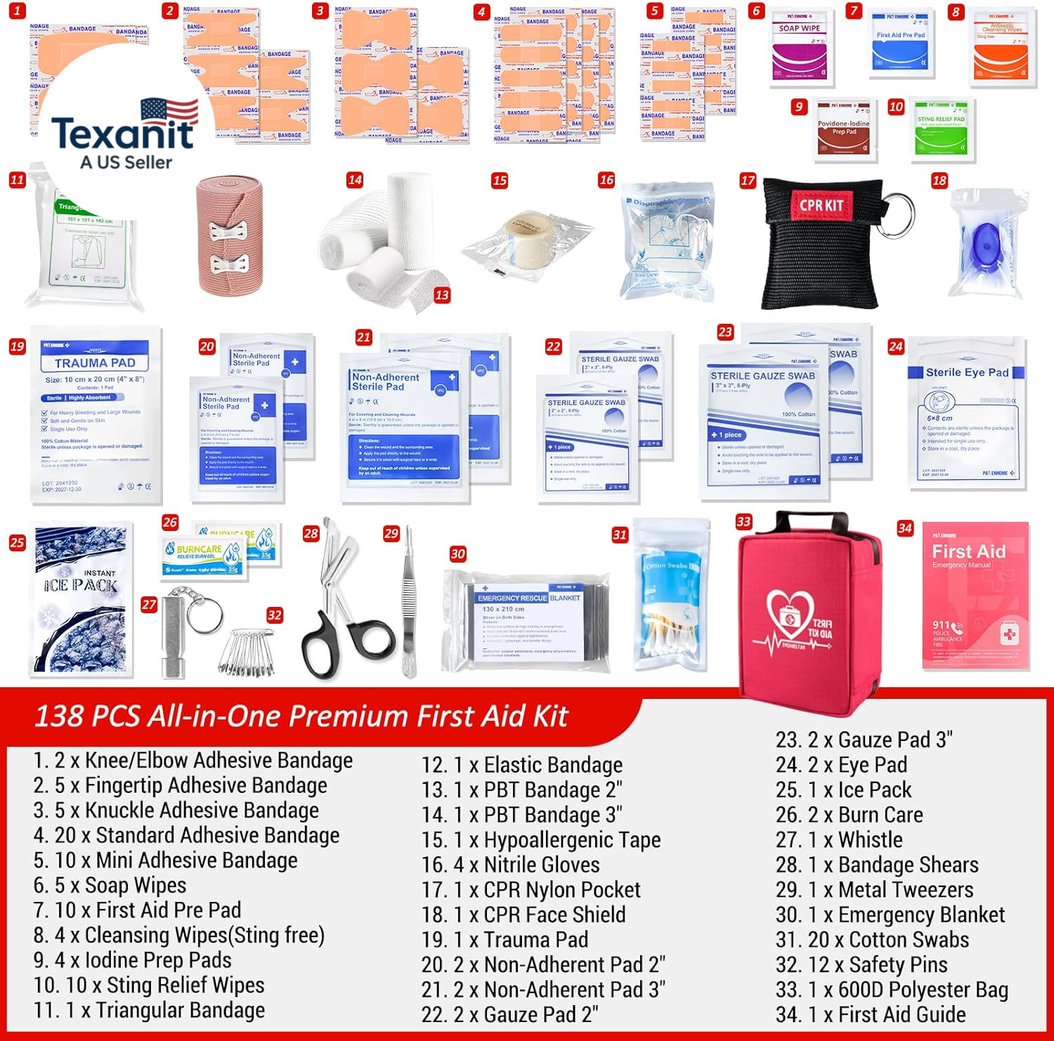 First Aid Kit with Rapid-Response Labeled Compartments, Compact Waterproof Emerg