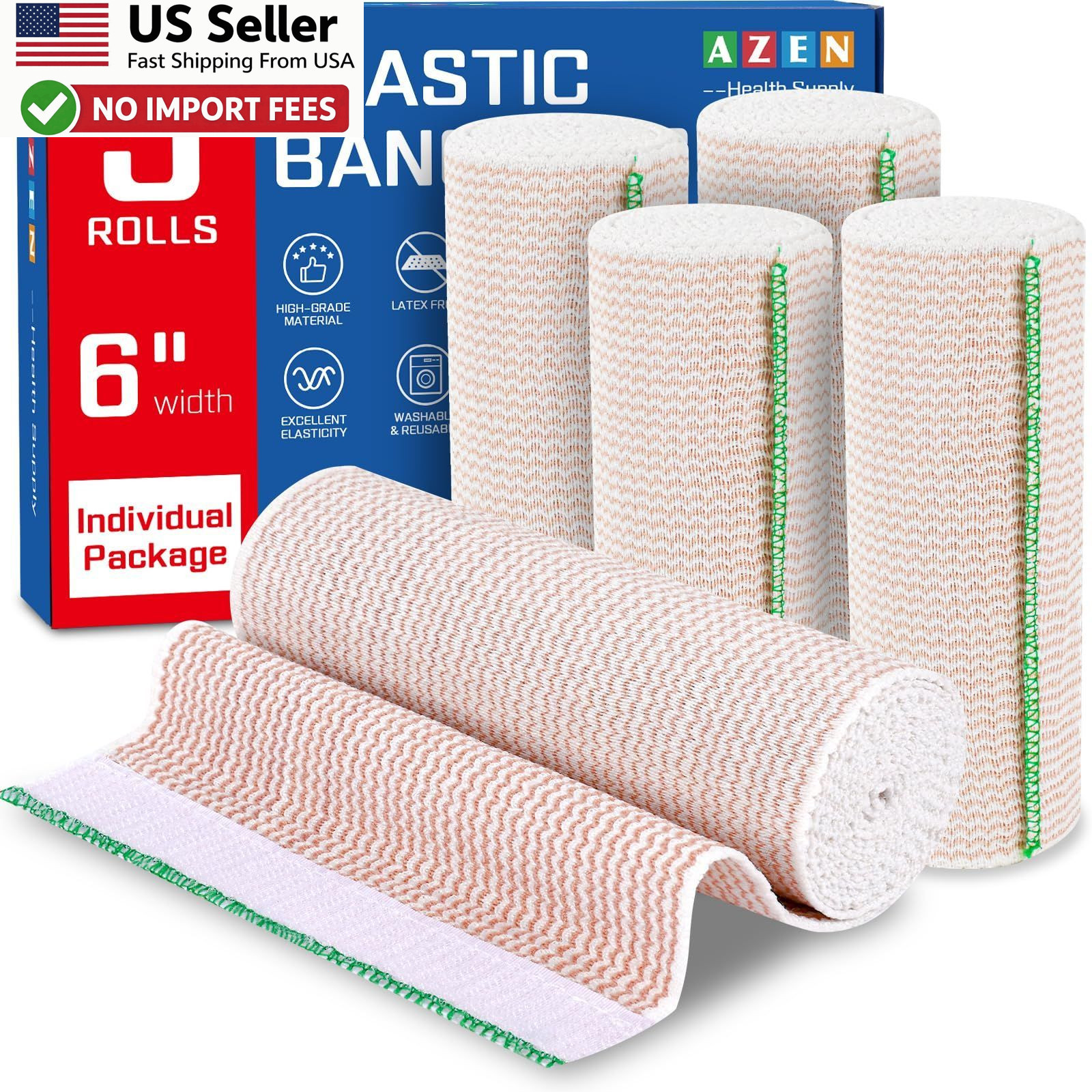 AZEN Premium 5 Pack Elastic Bandage Wrap 6 Inch Compression Wrap Latex-Free USA