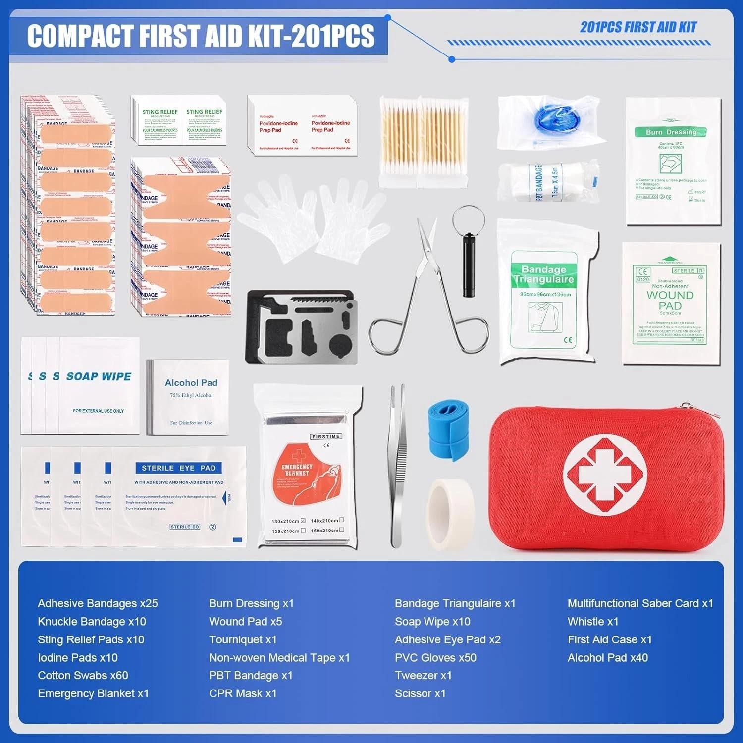 201 Pcs First Aid Kit,trauma Kit with Essential Emergency Medical Supplies