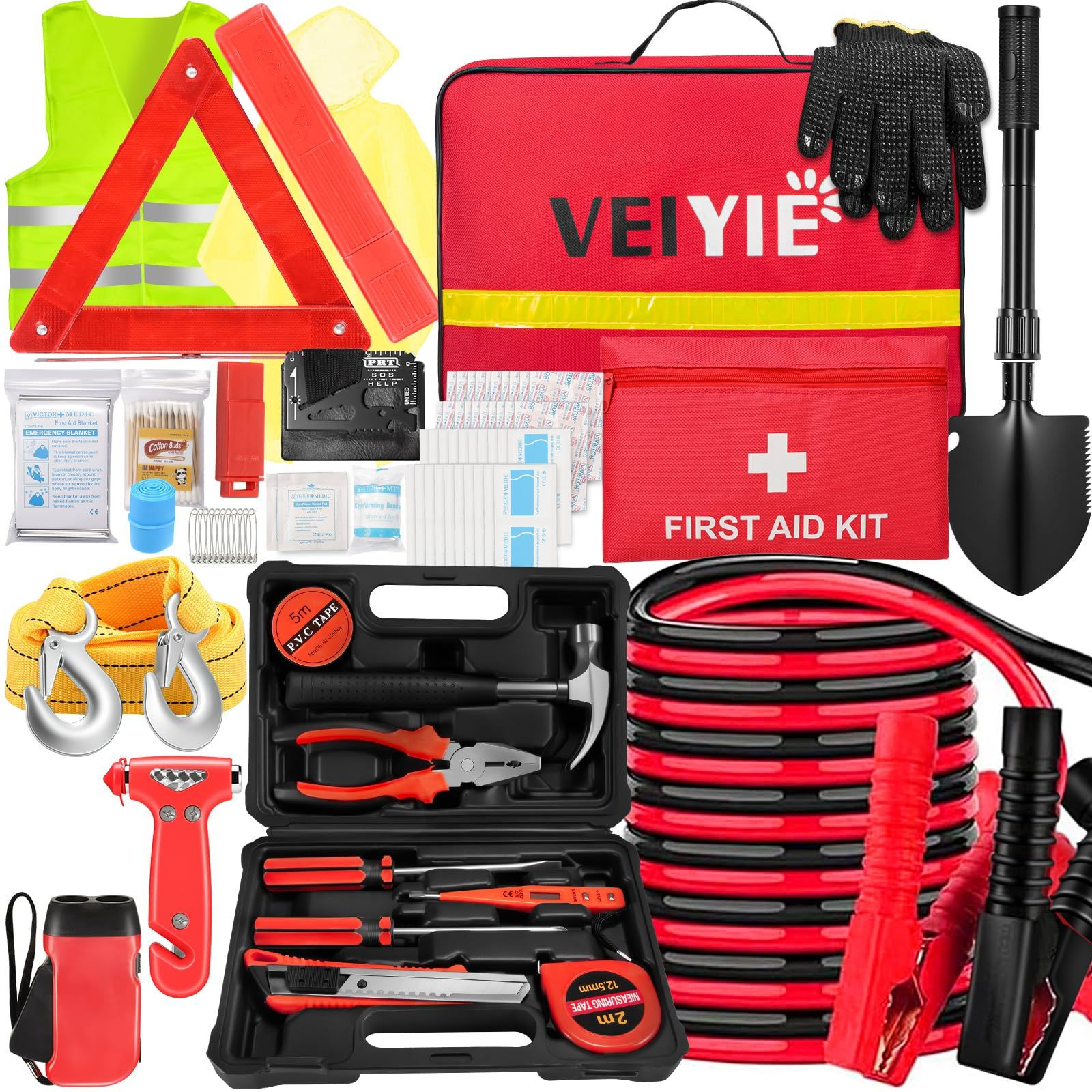 VEIYIE Roadside Car Emergency Kit, Winter Safety Kit with 119RED, Red