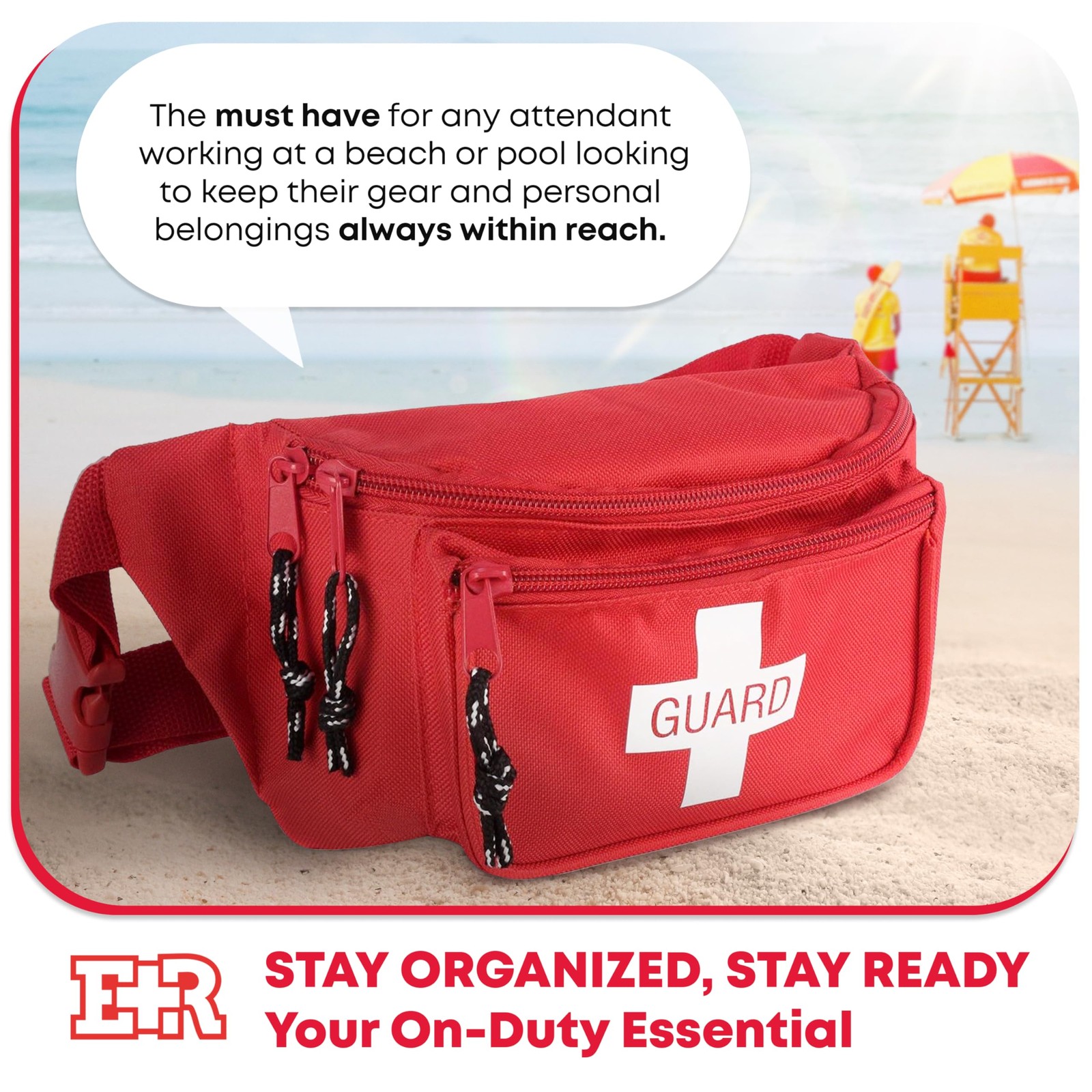 Red Waist Pack First Aid Gear With Three Zippered Compartments Adjustable Strap