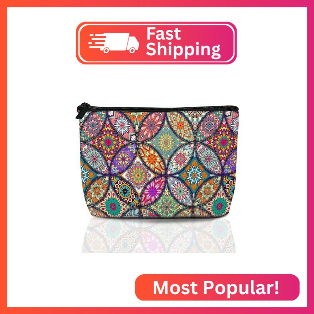 Boho Mandala Travel Makeup Bag,Vintage Flower Cosmetic Bags Small Waterproof Zip