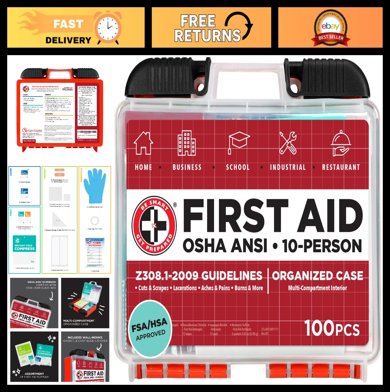 Comprehensive OSHA/ANSI First Aid Kit for 10 People – 100 Pieces, Portable & Com