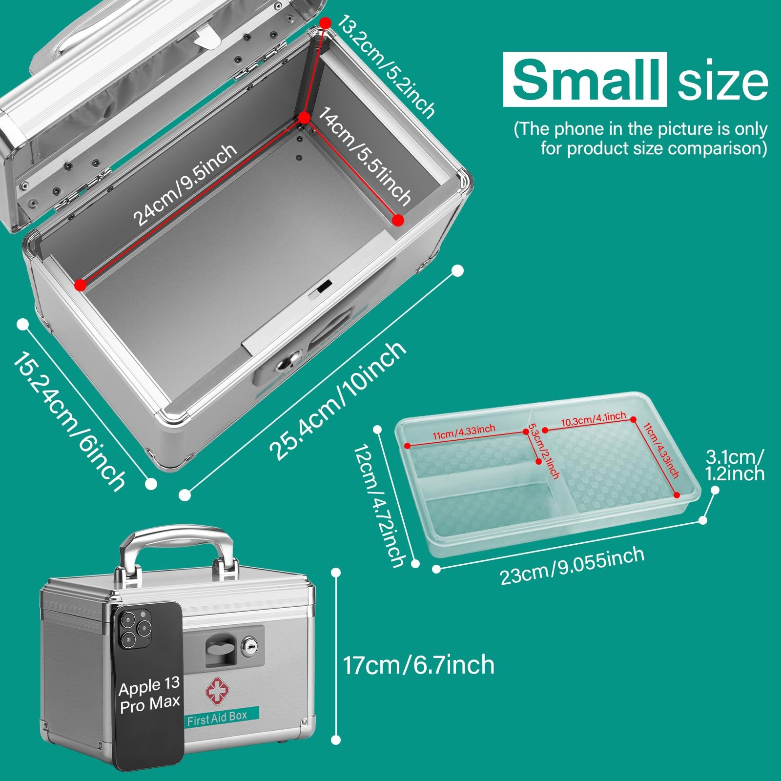 Metal Medicine Storage Box with Key, 10 x 6 x 6.7” First Aid Small, Silver