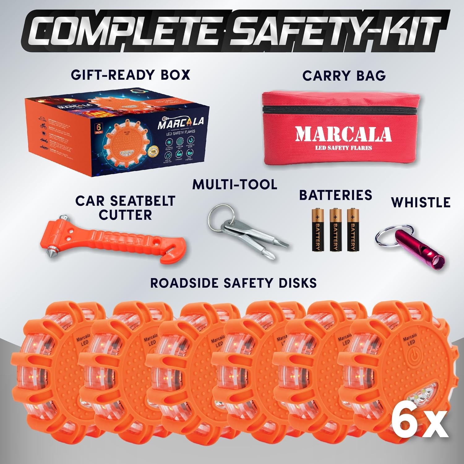 6-Pack LED Road Flares DOT Compliant Emergency Vehicle Lights w/ Batteries Case