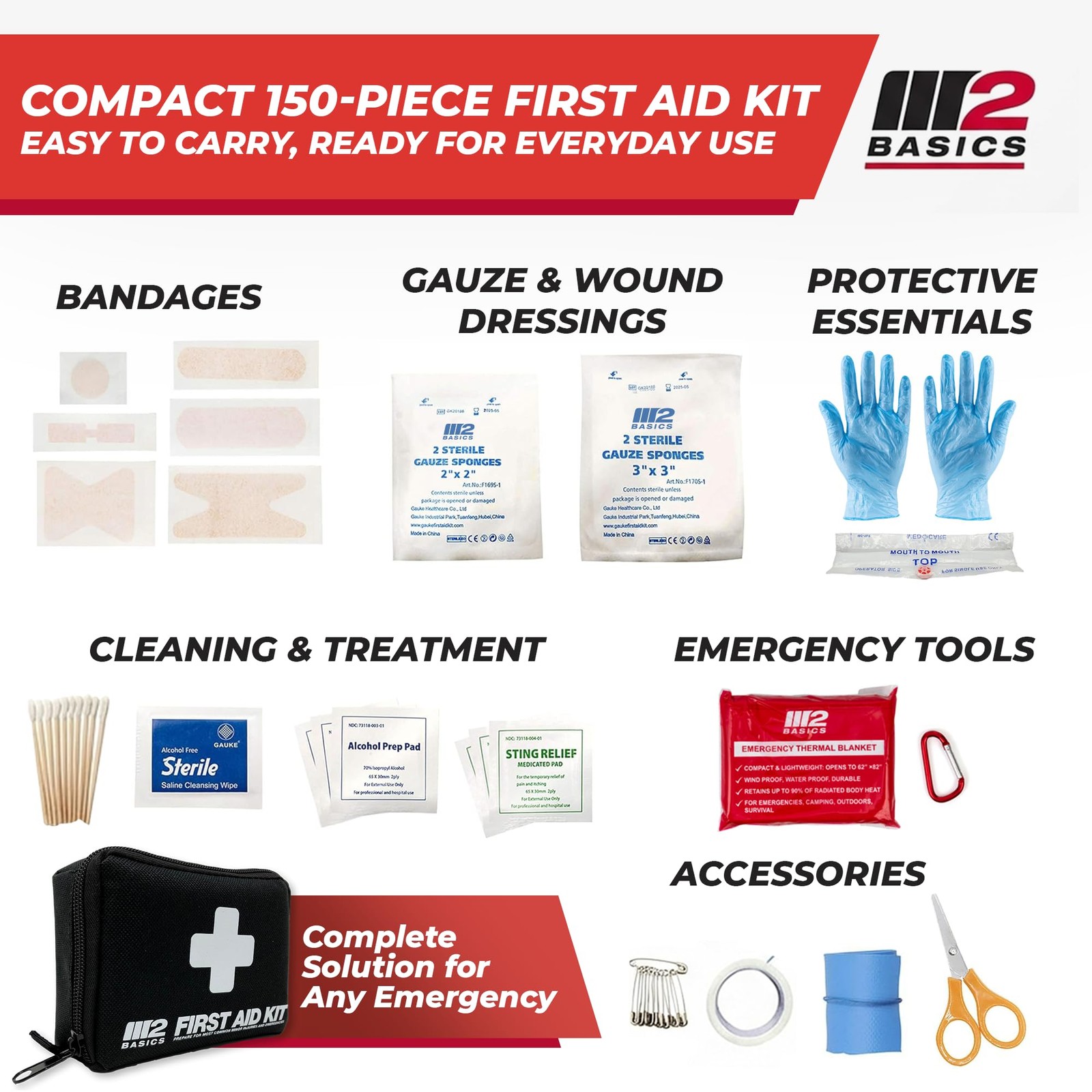 150 Piece Premium First Aid Kit, Compact Bag for Purse & Travel