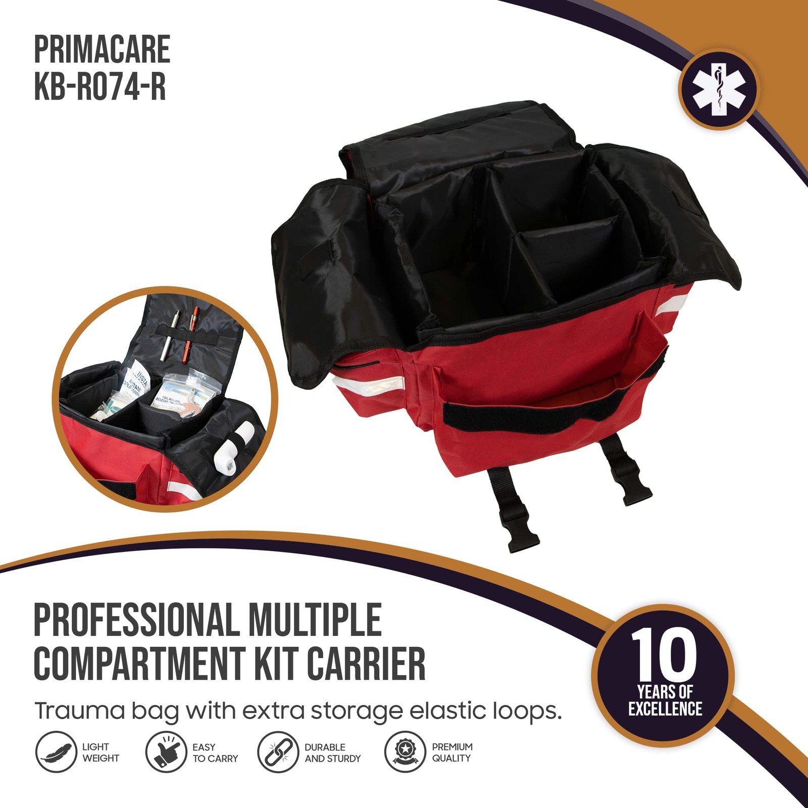 Primacare KB-RO74-R First Responder Trauma Bag, 17 x 9 x 7, Red — EMT/EMS