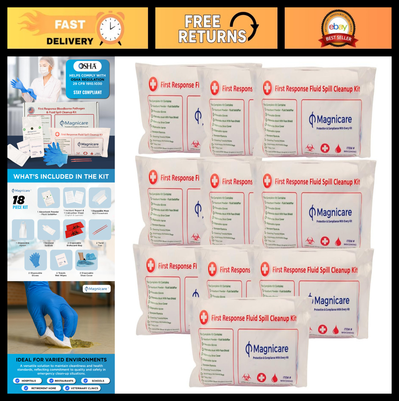 Comprehensive Spill Kit for Bloodborne Pathogens & Vomit Cleanup – 10 Pack, OSHA