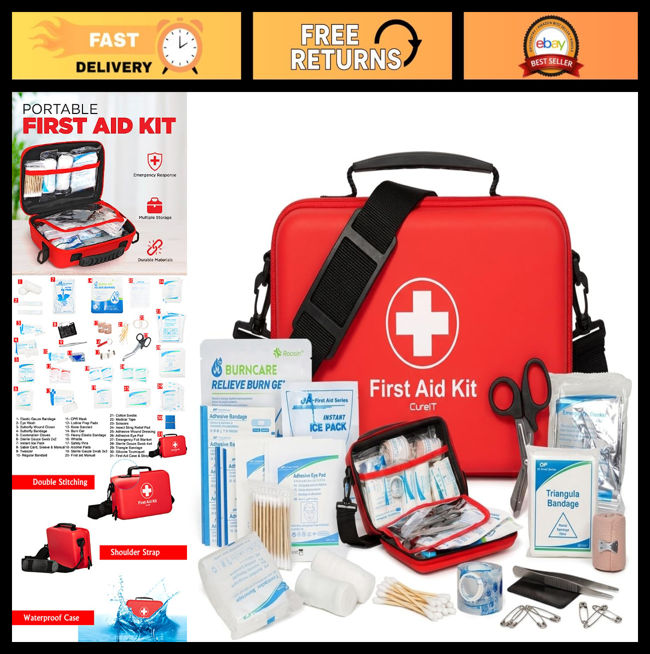 Travel First Aid Kit – Waterproof, Portable with Shoulder Straps – Home, Car & E