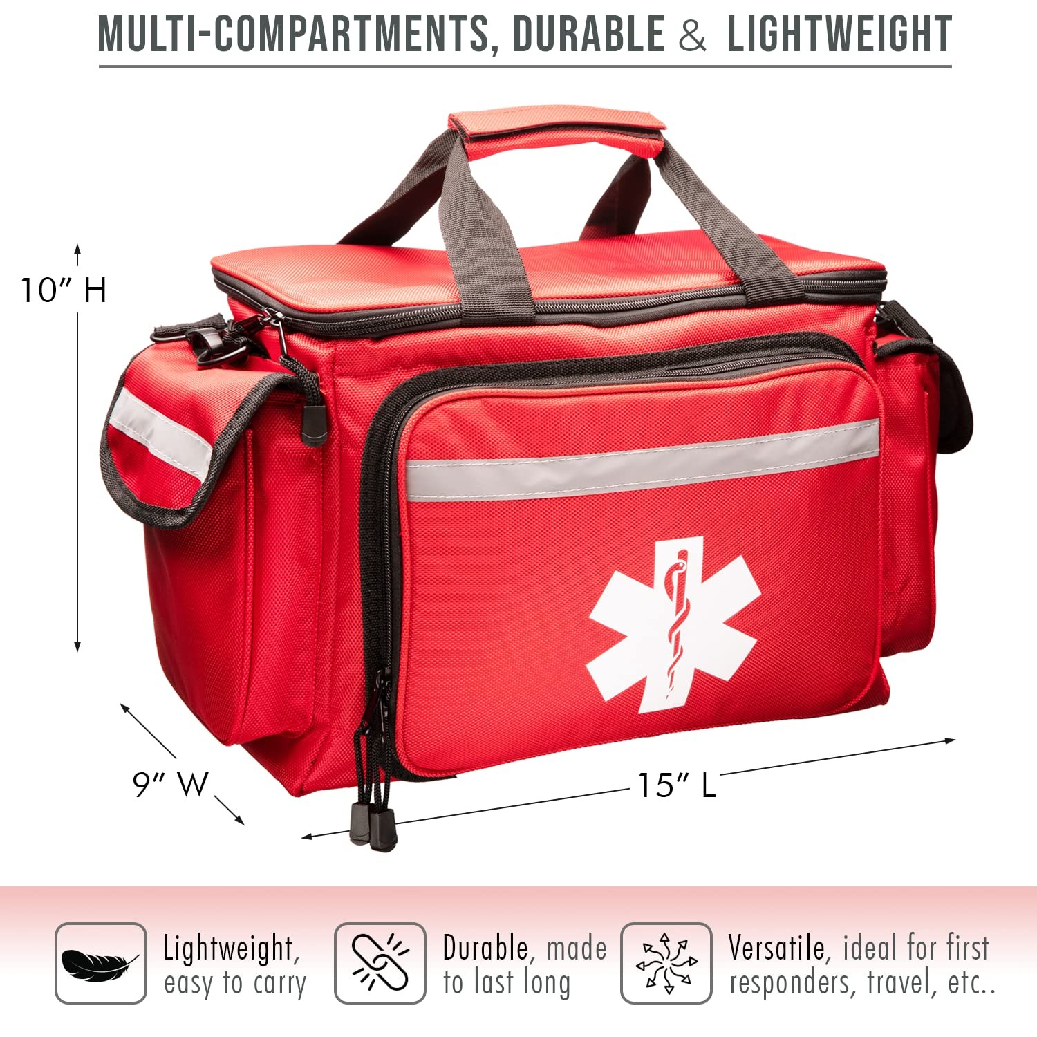Professional Red Empty Trauma First Aid Medical Bag, 15"x10"x9", Multi Compar…