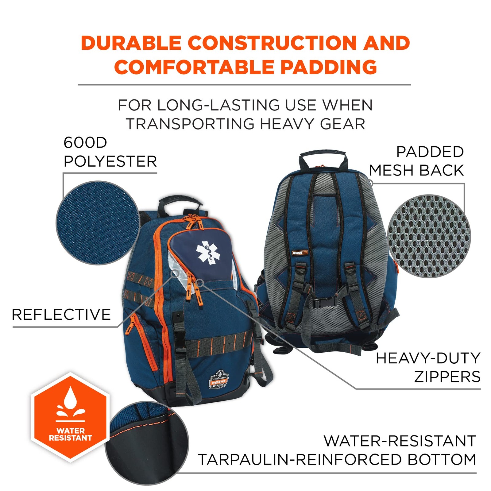Trauma Backpack 14.5x5x20in 600D Polyester for EMS, Police, Firefighters