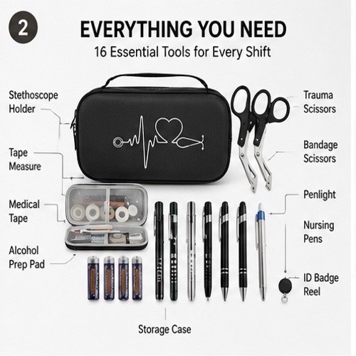Black 16-Piece Portable Nursing Kit Storage Case w/ Penlight, Scissors, Tape