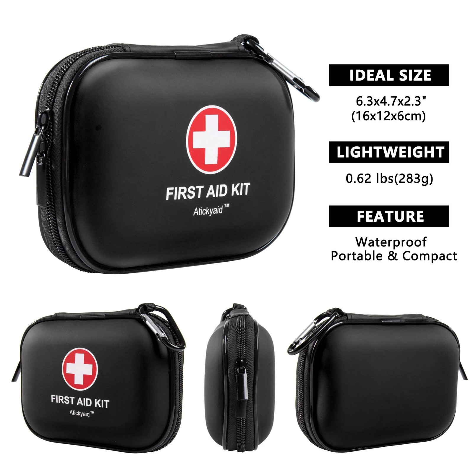 Mini First Aid Kit – 120 Piece Small Waterproof Hard Shell 120 Pieces, Black