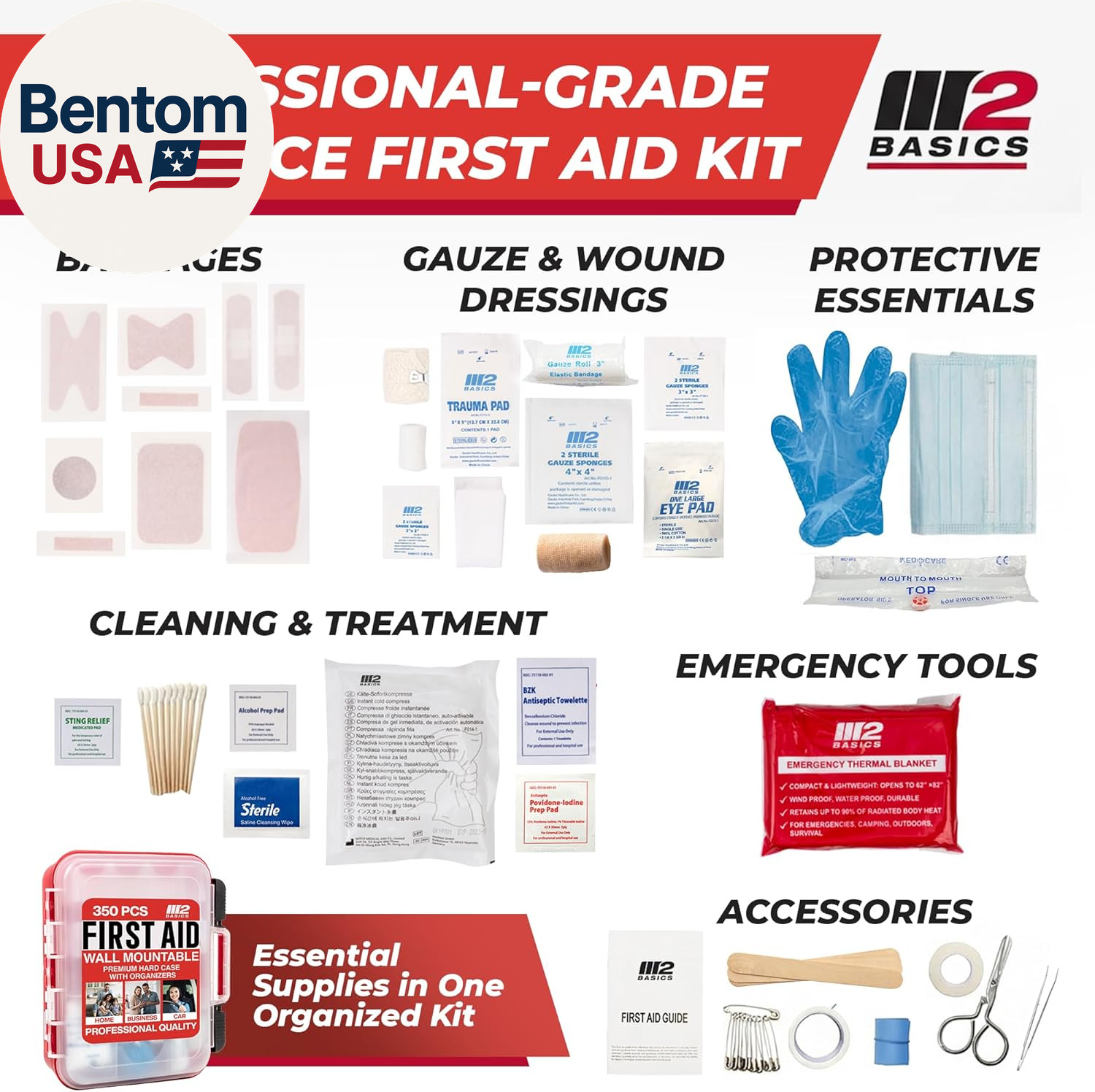 350 Piece First Aid Kit, Wall Mount Hard Case with Dual Layer Compartments for W