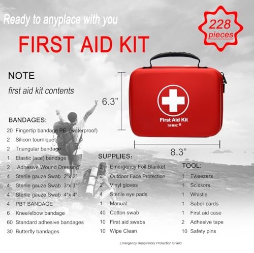 228Pcs Compact First Aid Kit for Family Emergency Care, Waterproof EVA Case for
