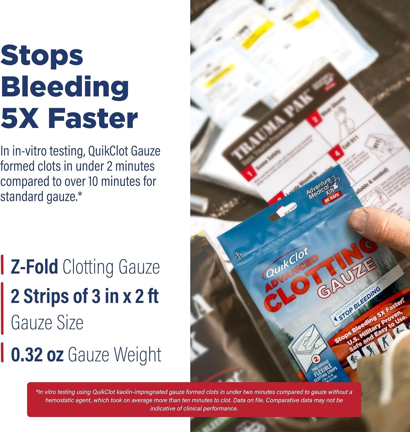 QuikClot Advanced Clotting Gauze – 5X Faster Bleeding Control, 3×24 in, 2 Strips