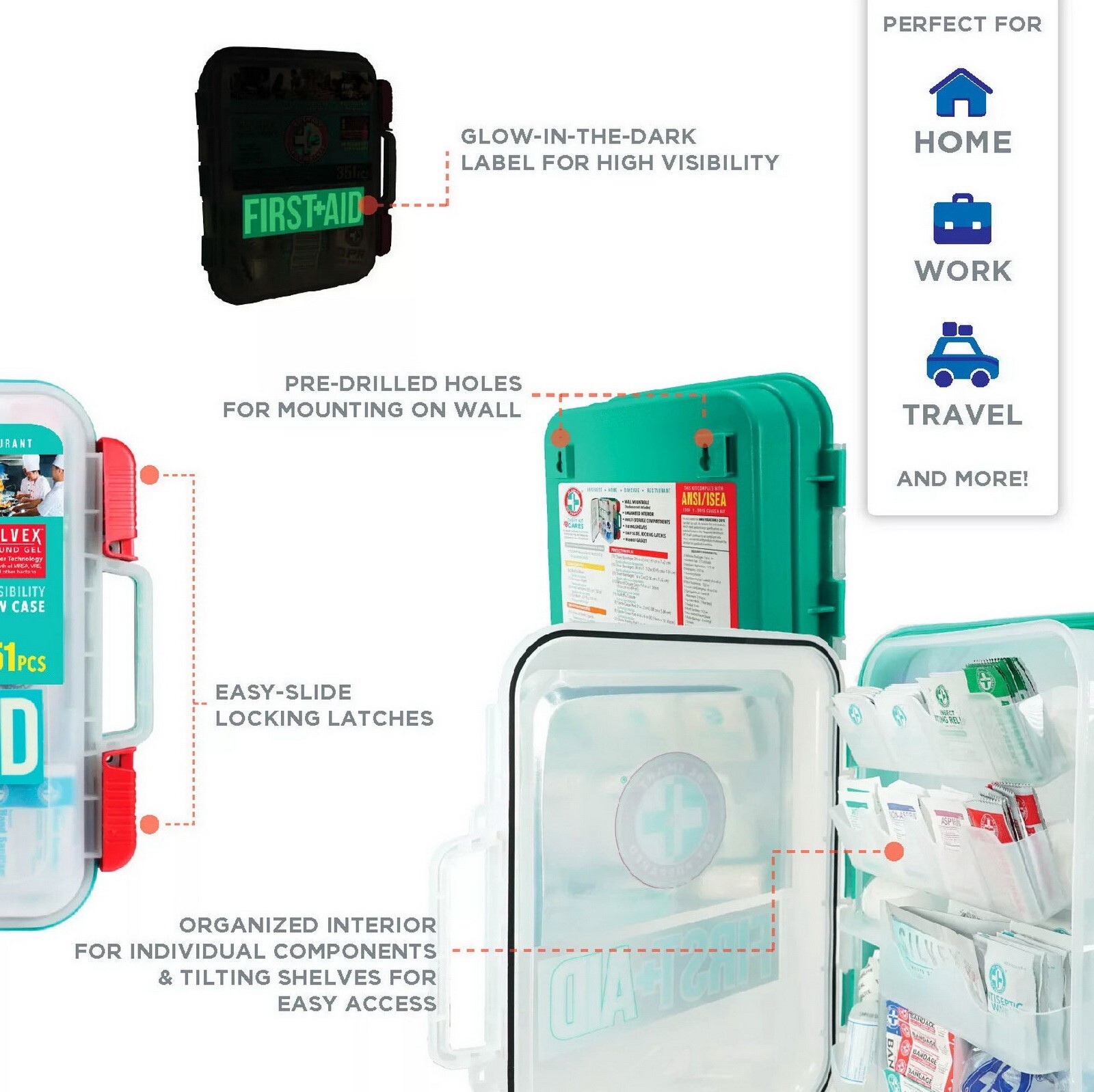 351 pc Emergency First Aid Kit Home Workplace OSHA ANSI Wall Mountable Case