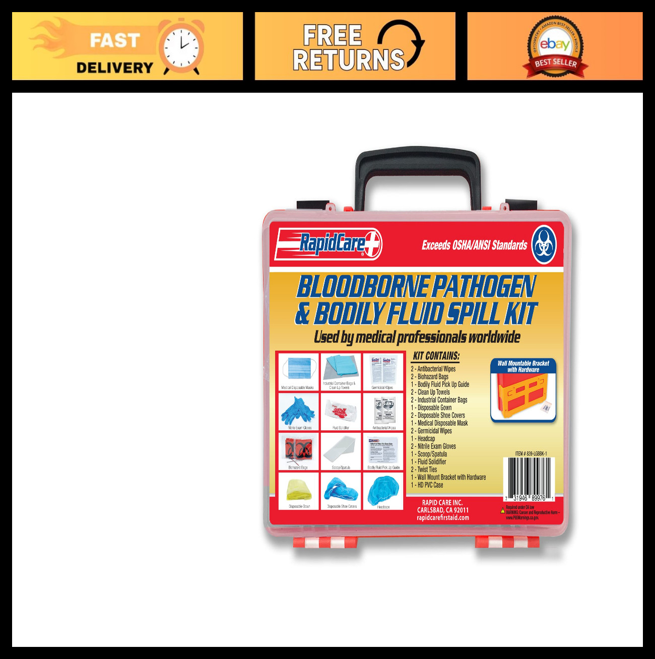 Premium Bloodborne Pathogen Spill Clean-Up Kit, OSHA Compliant, Wall Mountable,