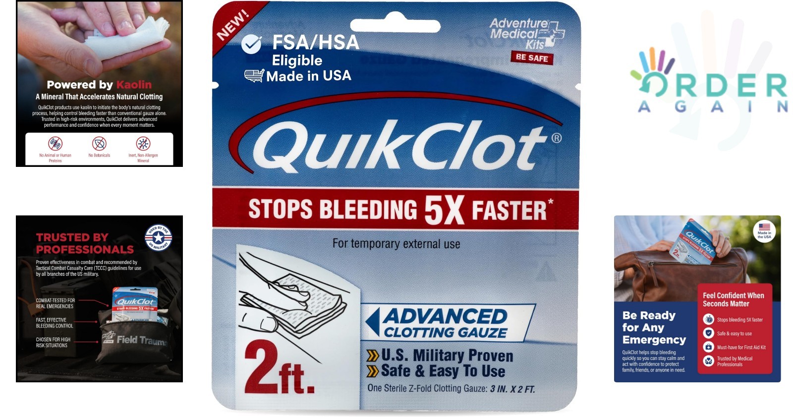 First Aid Hemostatic Gauze 3x2Ft Kaolin Fast-Stop Bleeding Trauma Gear