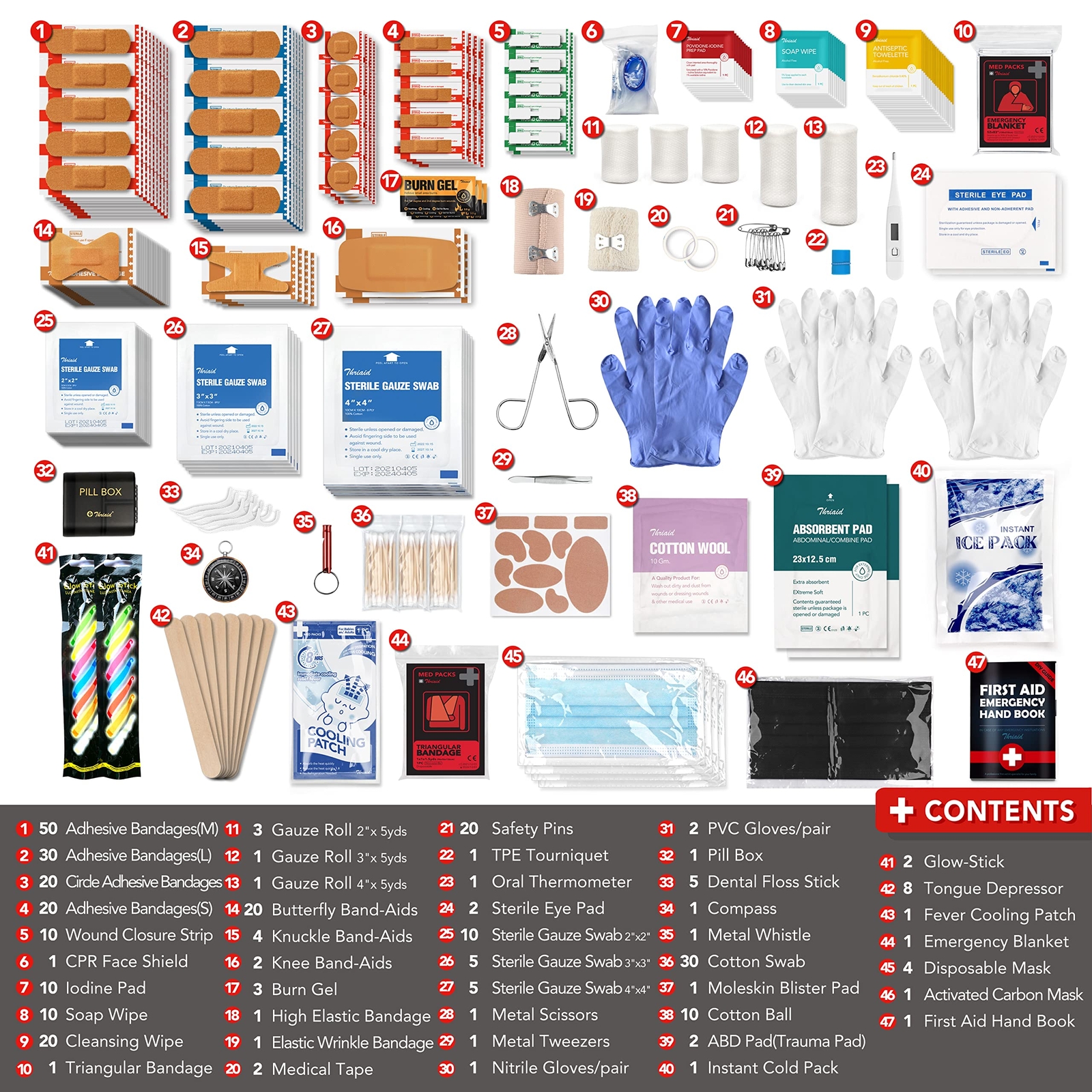 330 Piece First Aid Kit, Premium Waterproof Compact Trauma Medical Kits Red