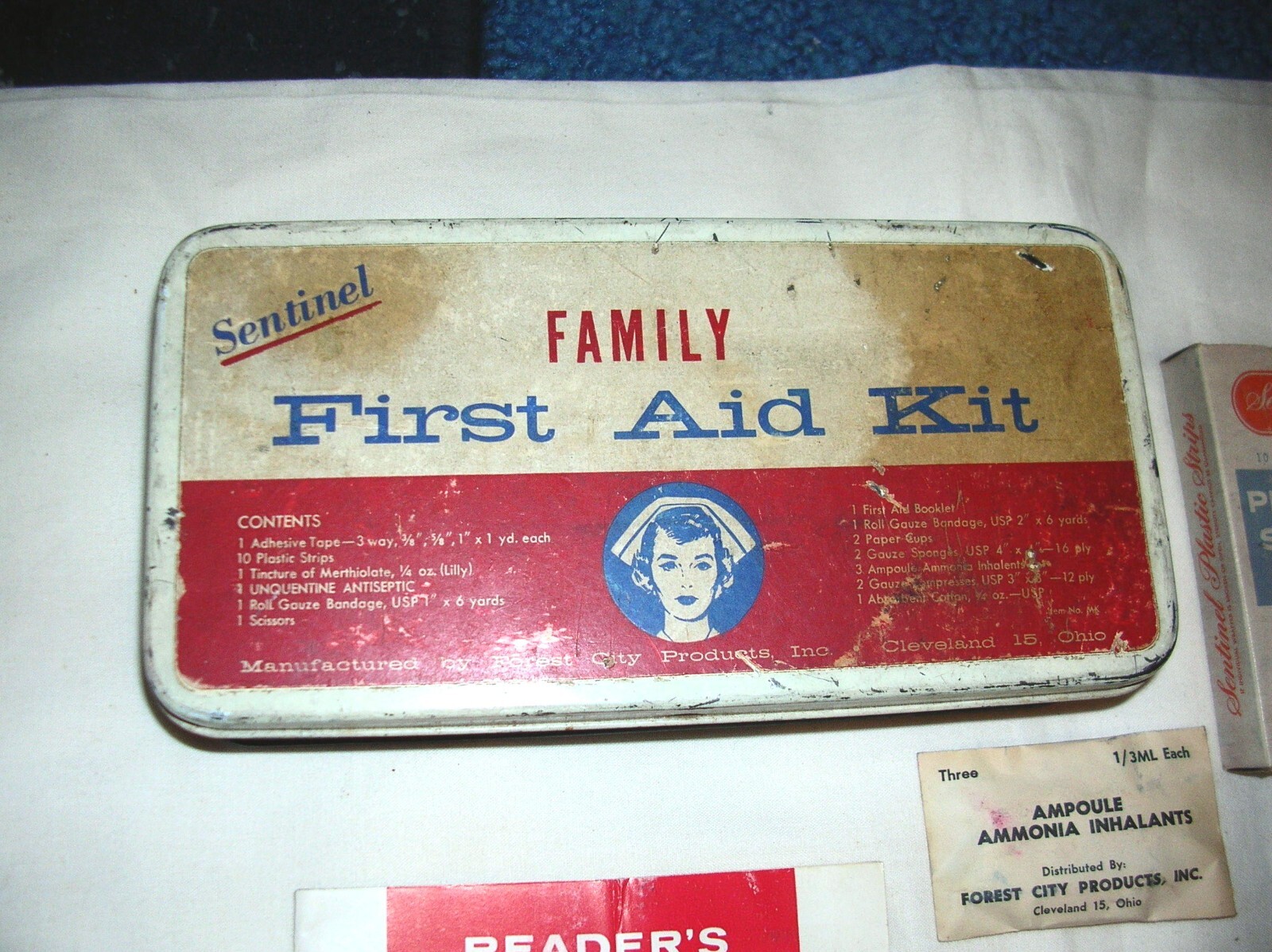 Vintage 1960's Sentinel Family First Aid Kit/ Metal Box & Contents