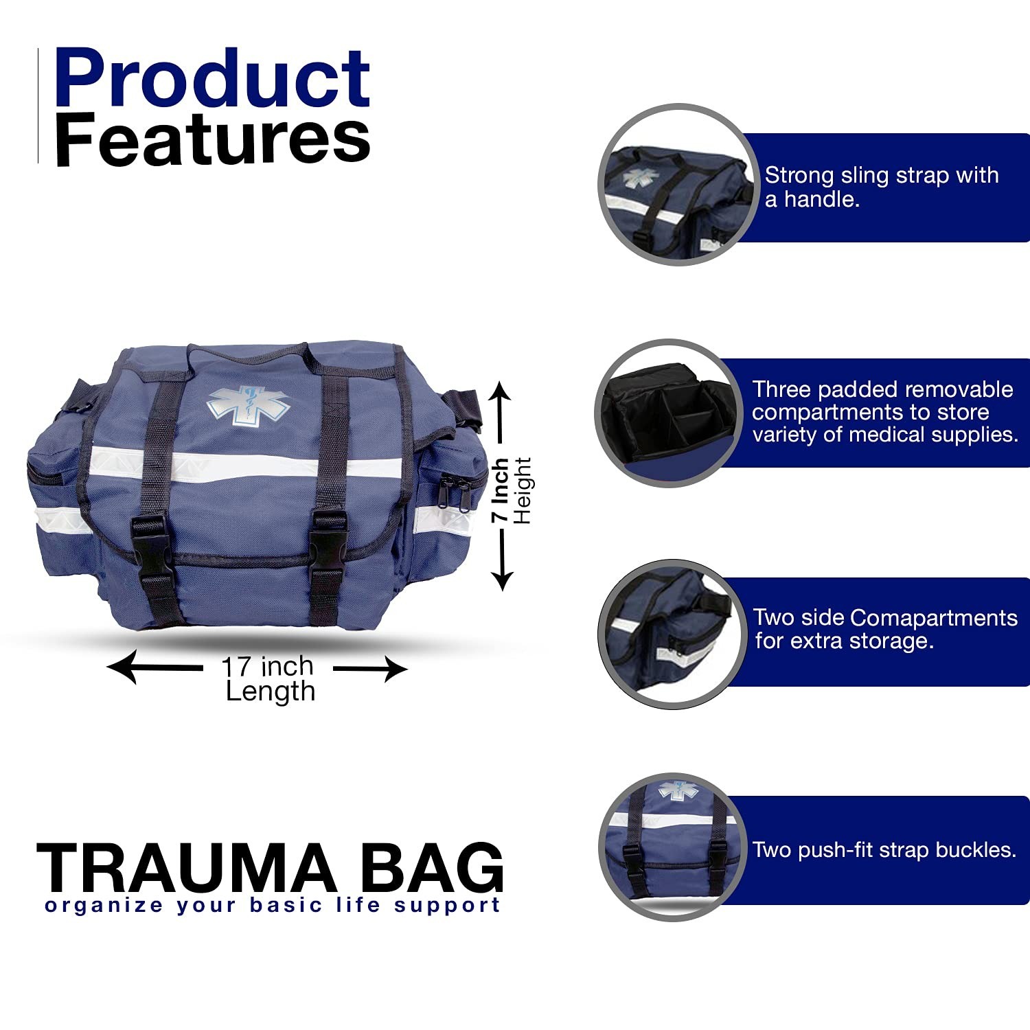 Primacare KB-RO74-B First Responder Trauma Bag, 17 x 9 x 7, Blue — EMT/EMS New