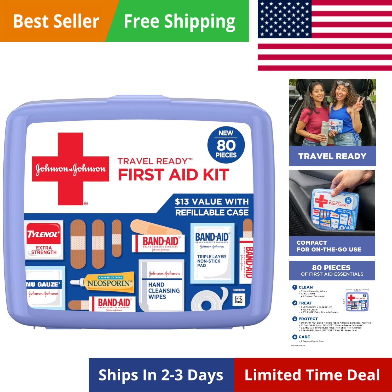 BAND-AID Travel First Aid Kit 80 Piece Portable Emergency Wound Care for Home