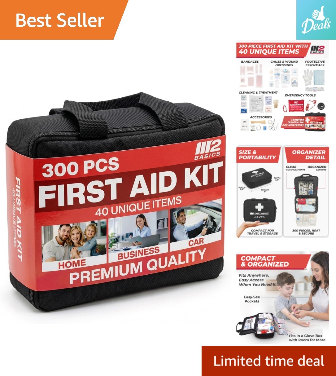Compact 300-Piece Emergency First Aid Kit with Organized Carry Bag for All Ages