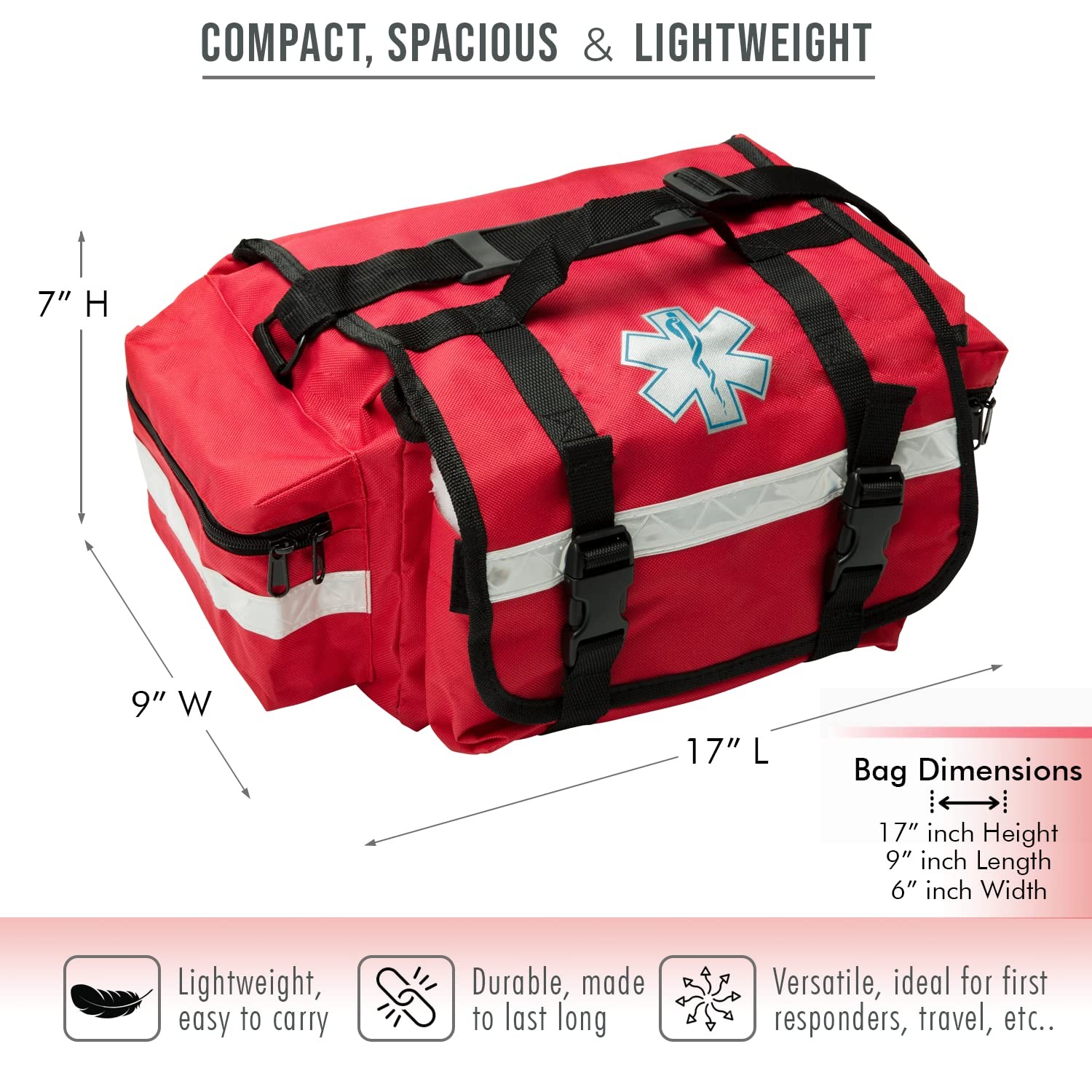Professional Red First Responder Bag – 17” x 9” x 7” | Empty EMT Trauma Kit C…