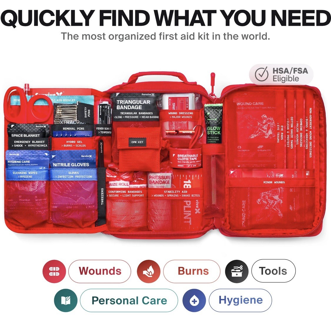 Survive X Large First Aid Kit Color Coded for Car Travel Home Camping Backpack