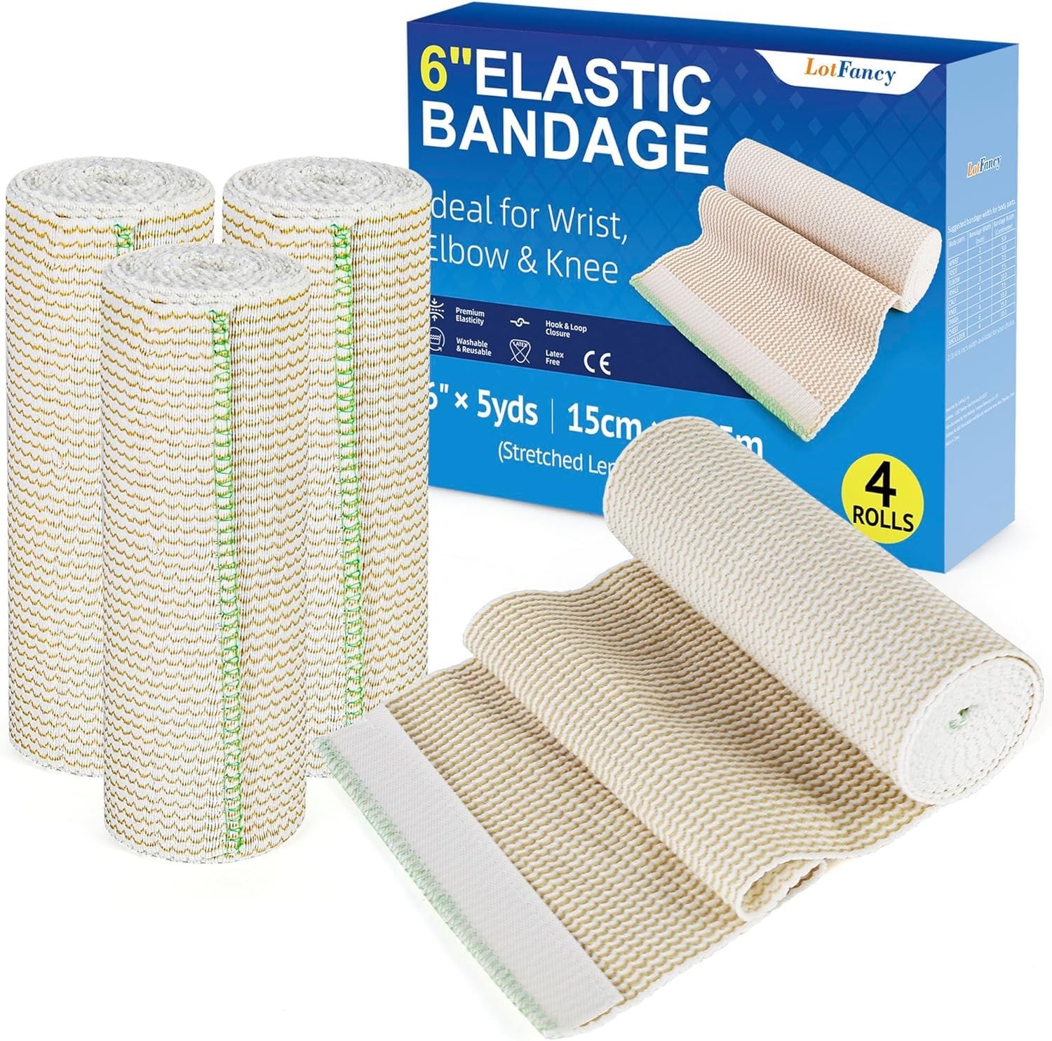 LotFancy Elastic Bandage Wrap, 4 Pack 6 Inch 6 x 15 Feet (Stretched)
