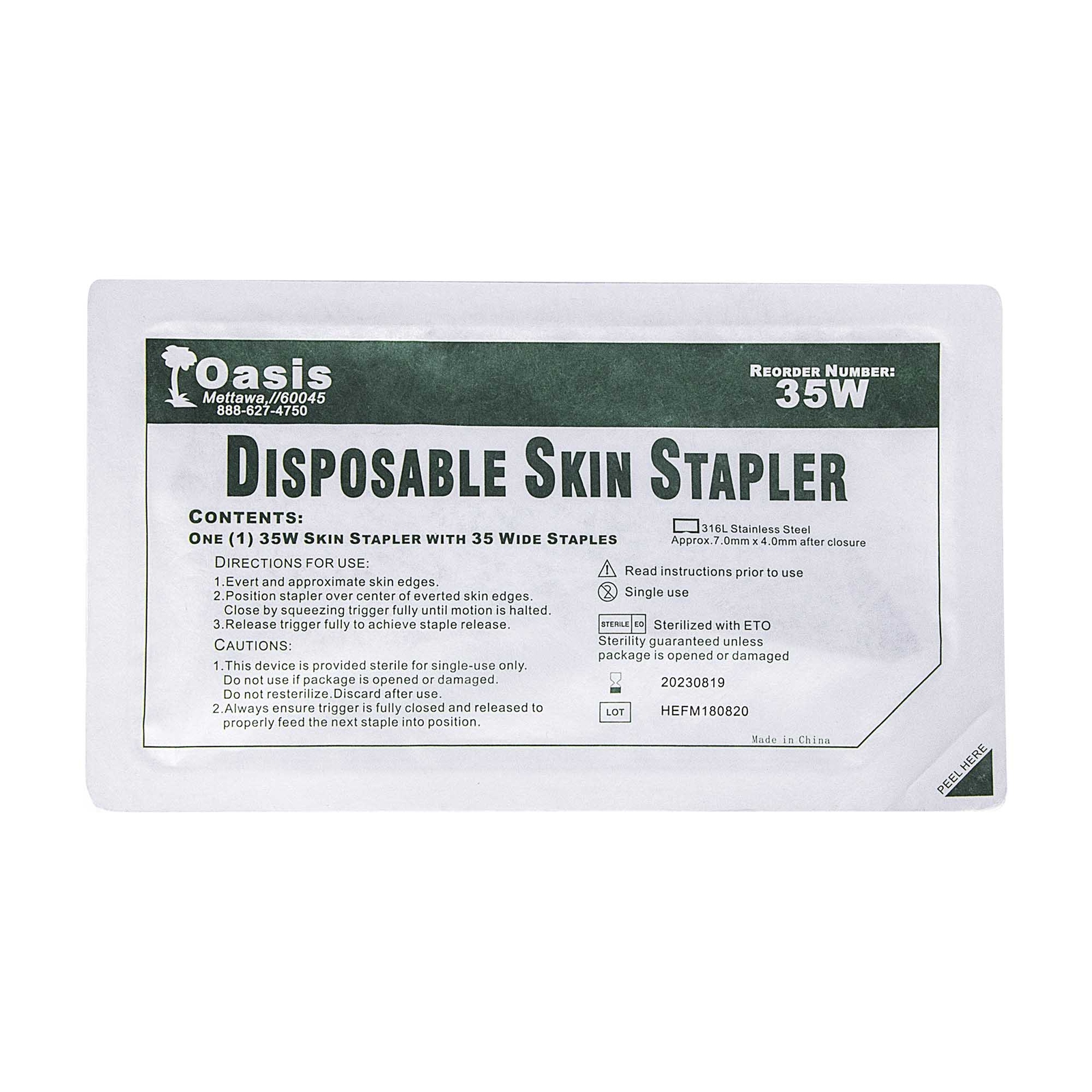 Sterile Skin Stapler, Surgical 35 Wide Preloaded Staples, Human/Vet Use