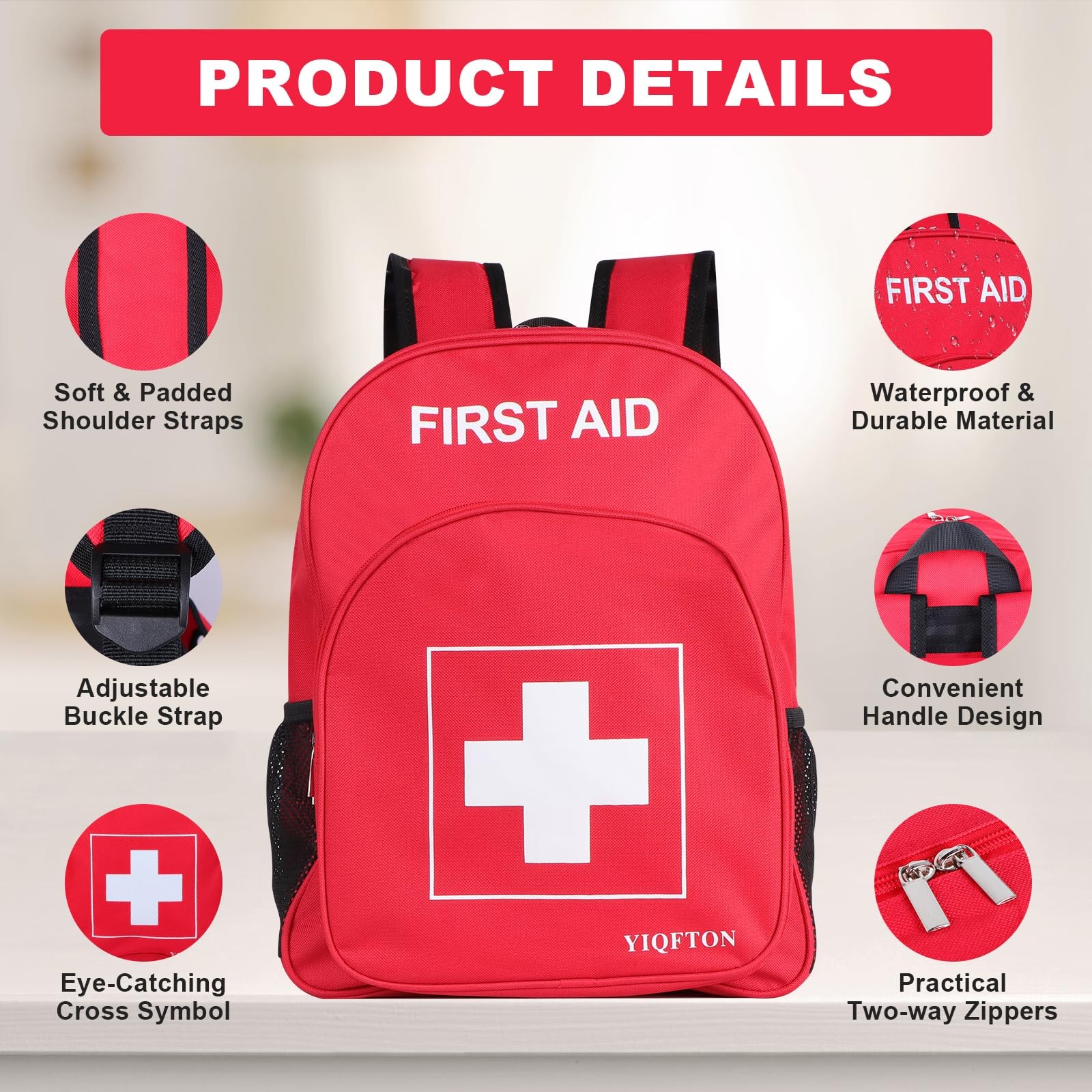 YIQFTON First Aid Backpack Empty, Red Waterproof Emergency Backpack, Portable…
