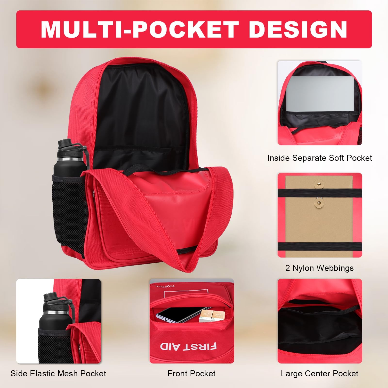 YIQFTON First Aid Backpack Empty, Red Waterproof Emergency Backpack, Portable…