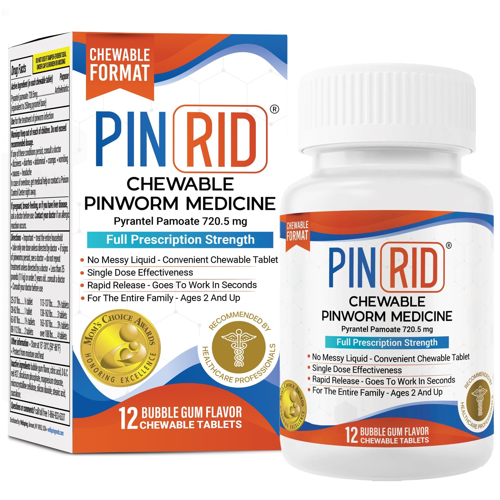 Pinworm Medicine for Family 2+, Bubble Gum Chewable Tablets 12 Doses 250mg …