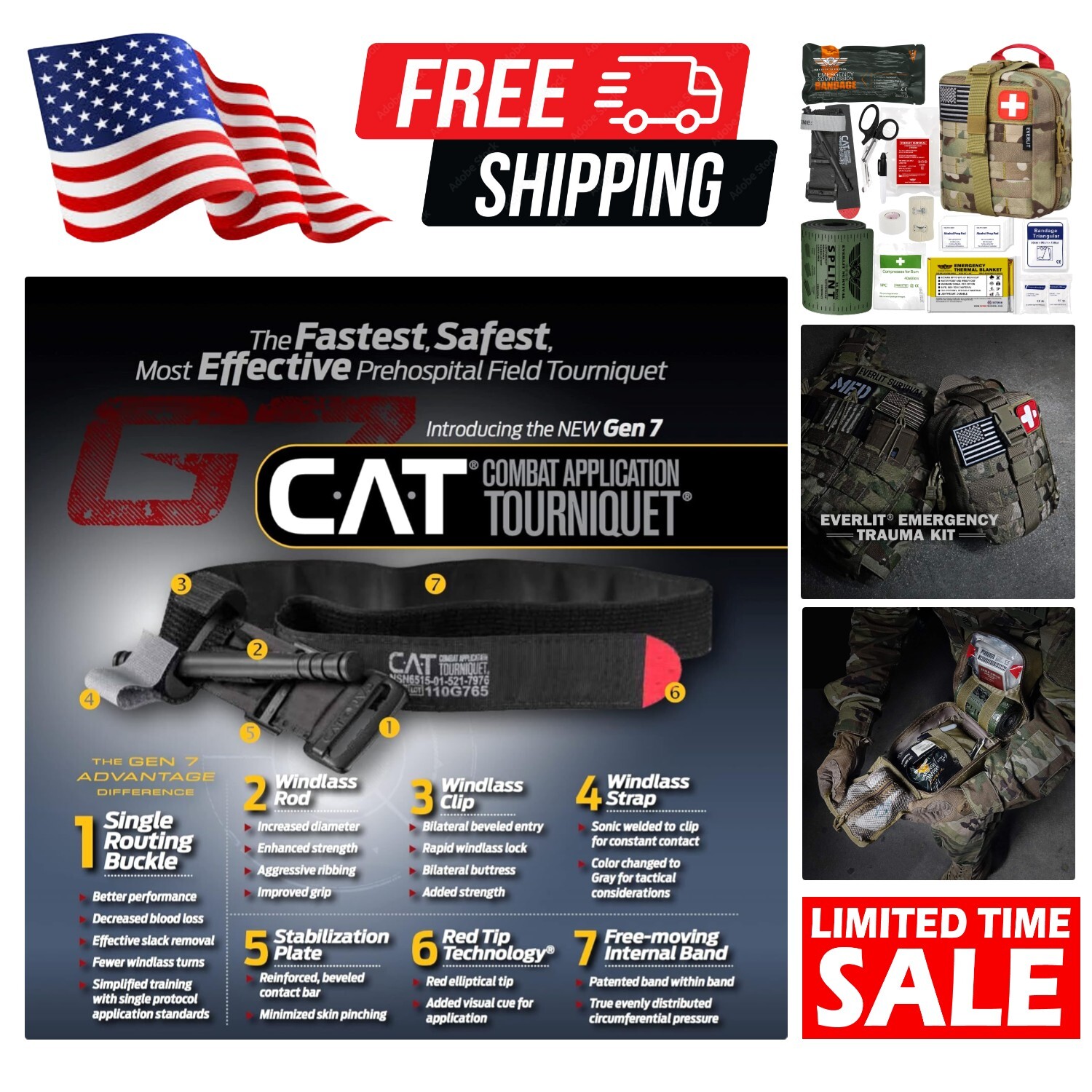 Military Combat Trauma Kit with CAT GEN-7 Tourniquet for Emergency Preparedness
