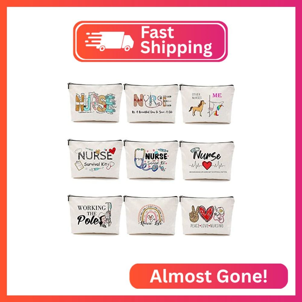 Pinkunn 9 Pcs Nurse Gifts Bulk Nurse Makeup Bags for Women Cosmetic Bag with Zip