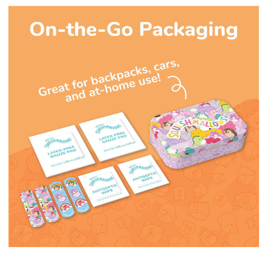 Smart Care Squishmallows Kids First Aid Kit 33PC Travel Bandages Tin Case Wipes