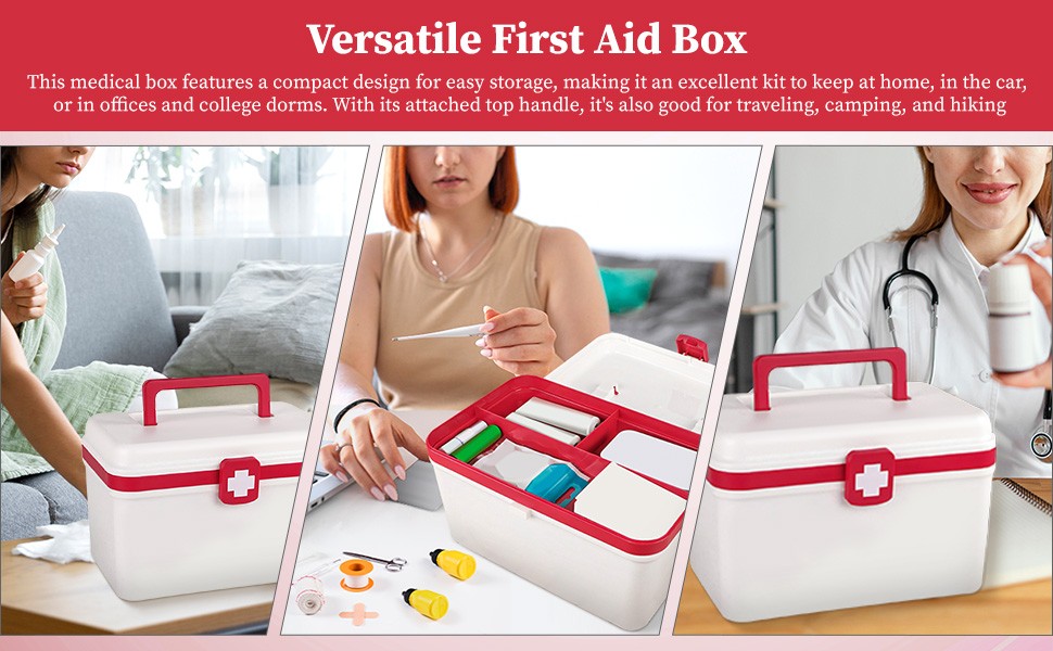 Family First Aid Box Bins with Handle Storage Organizer Double Layer for