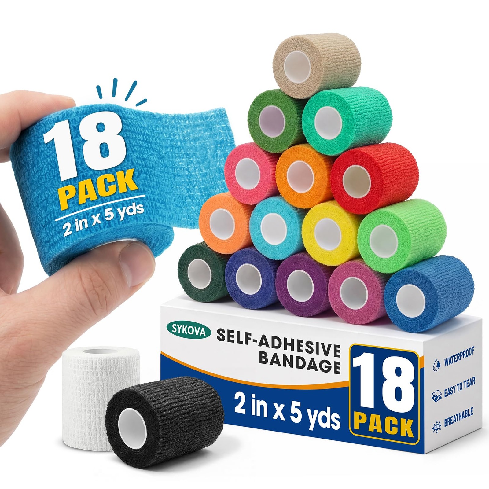 18 Pack Athletic Wrap, 2 Inch Self Adhesive Bandage 2IN-18Pack, Multi-colored