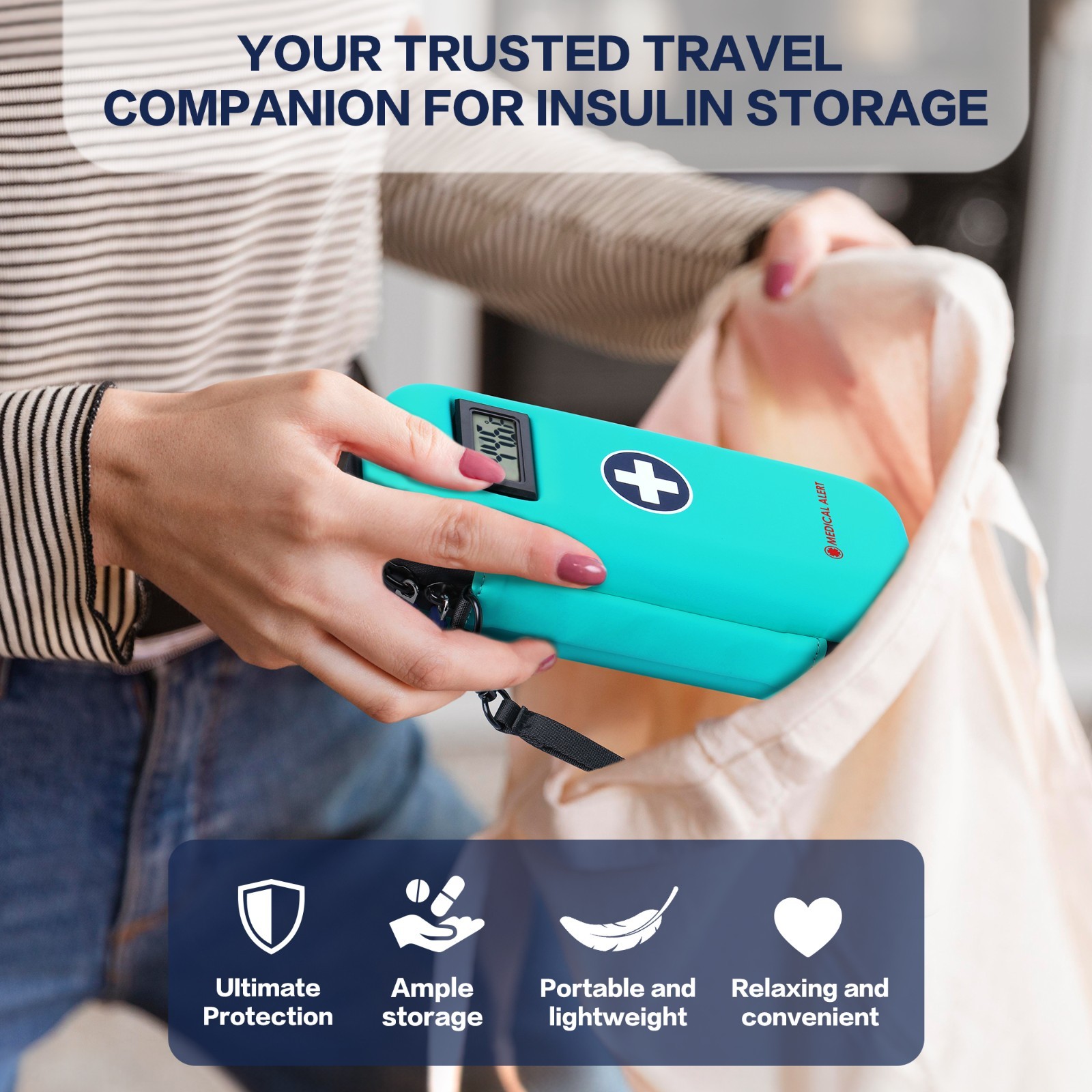 Insulin Cooler Travel Case with Temperature Display with 2 TSA Approved Ice Pack